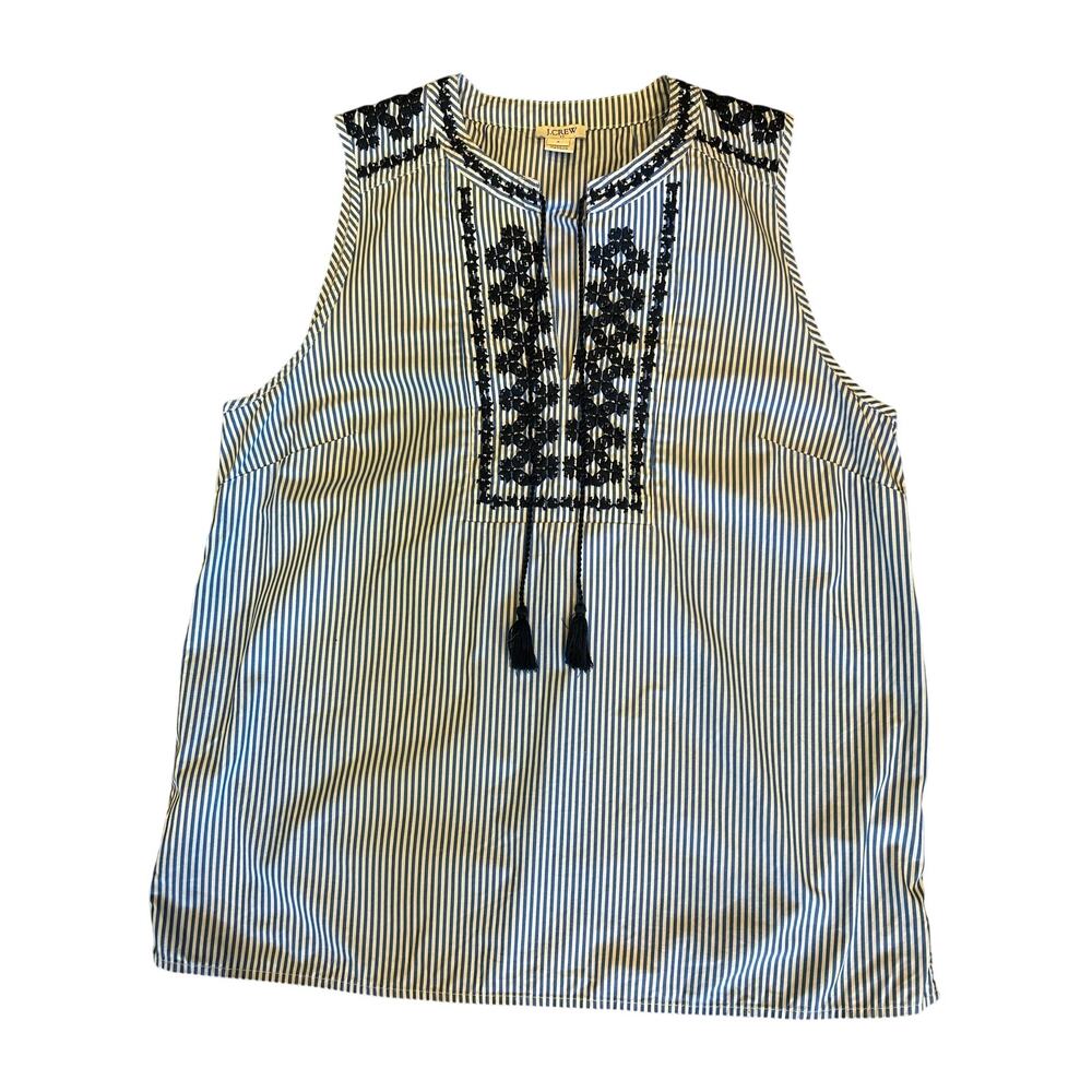 J.Crew Blue White Striped Embroidered Sleeveless Top Women’s M Boho Cotton - Picture 2 of 8
